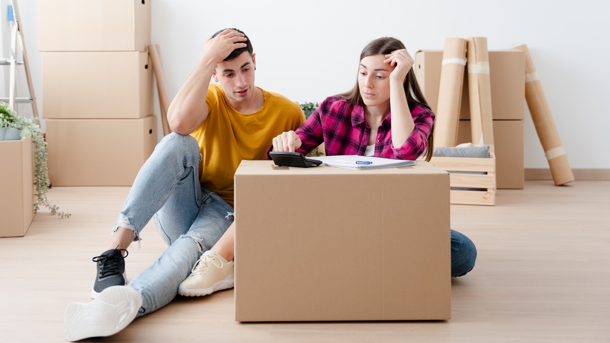 Young couple sitting amid moving boxes with a calculator, figuring out the cost of moving.
