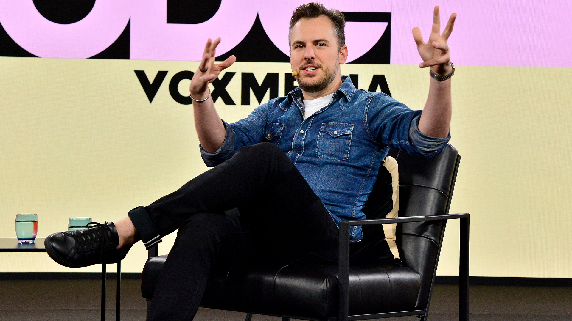 Mike Kriegman, head of Anthropic Labs and Artifact co-founder, pictured on stage during a fireside chat at Vox Media's 2023 Code Conference.