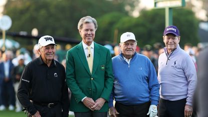(L to R) Gary Player, Fred Ridley, Jack Nicklaus and Tom Watson before the 2025 Masters begins
