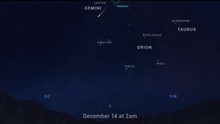 This NASA graphic shows the location of the Gemind meteor shower radiant during its peak on Dec. 14, 2020.