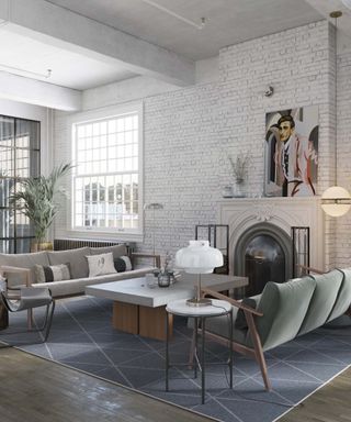 Grey living room with exposed brick walls