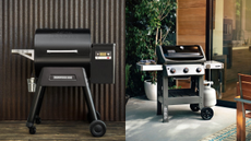An image showing smokers vs gas grills, a Traeger ironwood 650 on one side and a Weber Spirit II E-310 on the other