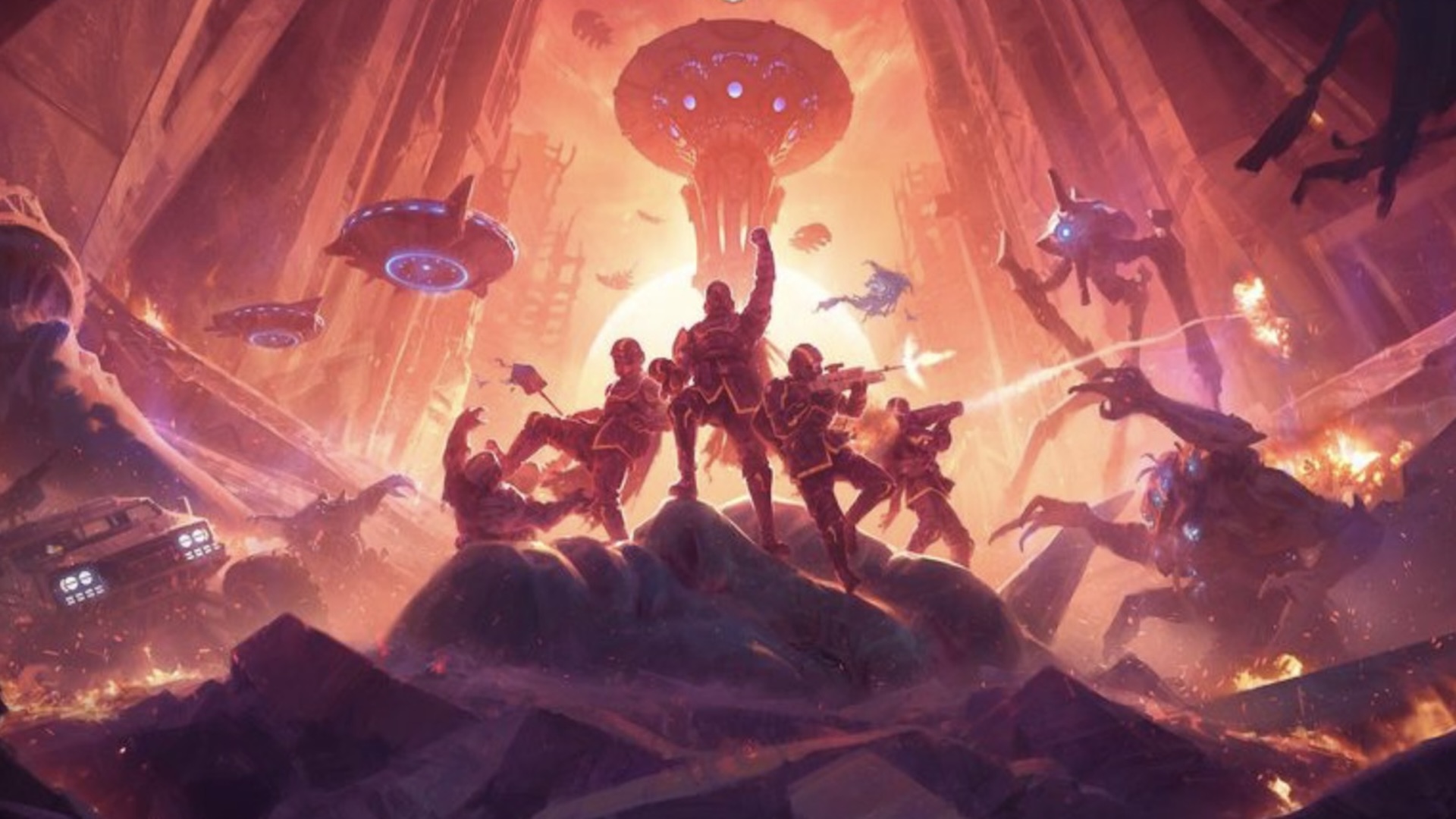 Helldivers pose victorious on a muddy hill, as Illuminate enemies swarm around them