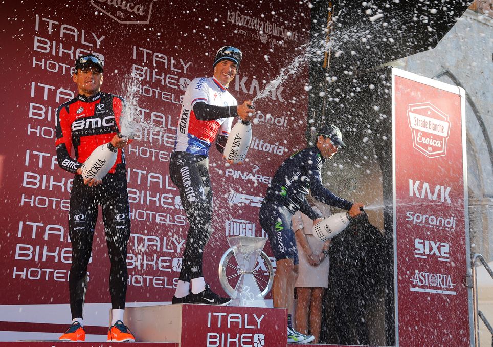 Zdenek Stybar (Etixx - Quick-Step) on the top step of the podium in Strade Bianche