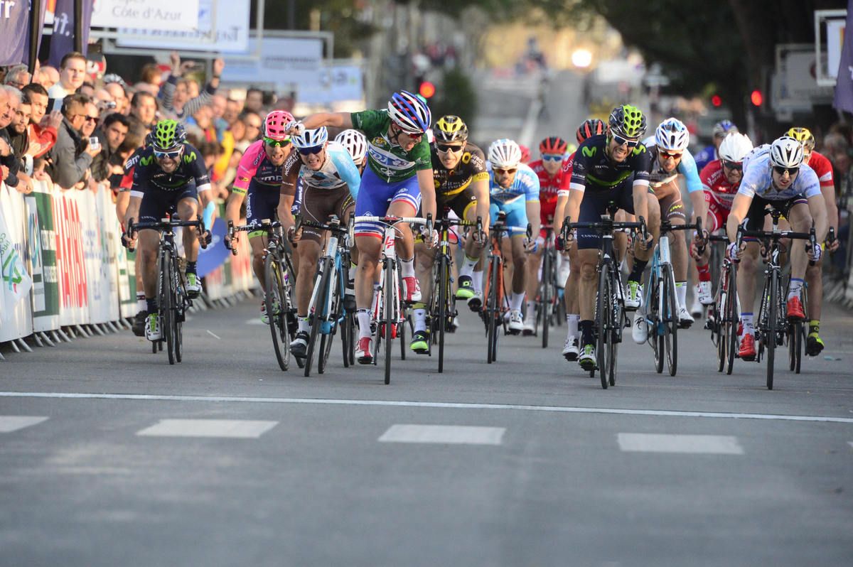 Arthur Vichot celebrates winning the sprint for stage 2