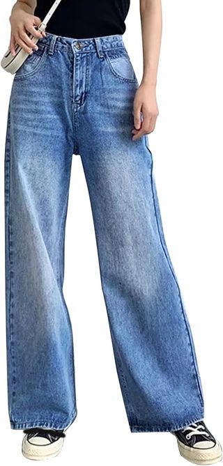 Damen-Jeans mit weitem Bein, lockere blaue Denim-Jeans, kleine Vintage-Jeans mit hoher Taille, lockere Boyfriend-Jeans