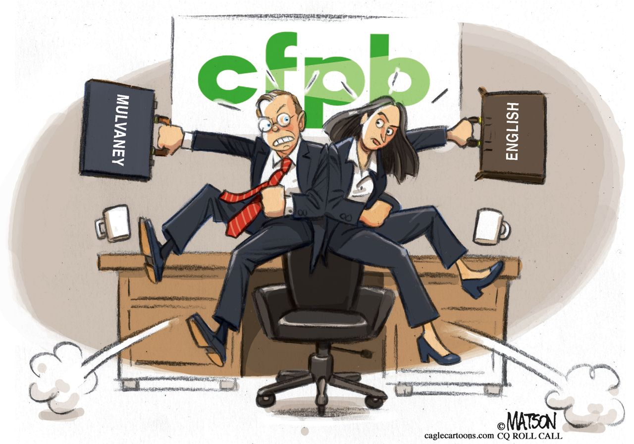 Political cartoon U.S. CFPB Trump Mulvaney English