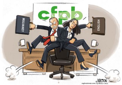 Political cartoon U.S. CFPB Trump Mulvaney English