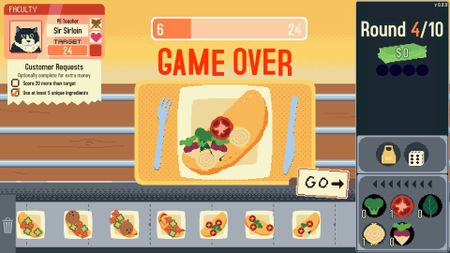 Screenshot from Omelet You Cook, showing a Game Over screen of an omelet with an assortment of random vegetables thrown on top.