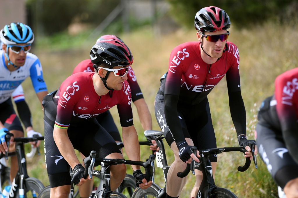 TORREVIEJA SPAIN FEBRUARY 07 Salvatore Puccio of Italy and Team INEOS Michal Kwiatkowski of Poland and Team INEOS during the 71st Volta a la Comunitat Valenciana 2020 Stage 3 a 1746km stage from Orihuela to Torrevieja VueltaCV VCV2020 on February 07 2020 in Torrevieja Spain Photo by David RamosGetty Images