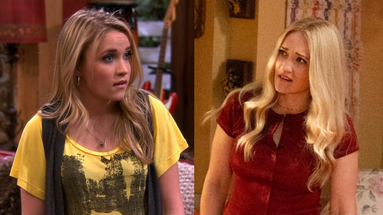 Emily Osment as Lily Hannah Montana, next to Emily Osment as Mandy in the Young Sheldon Universe.
