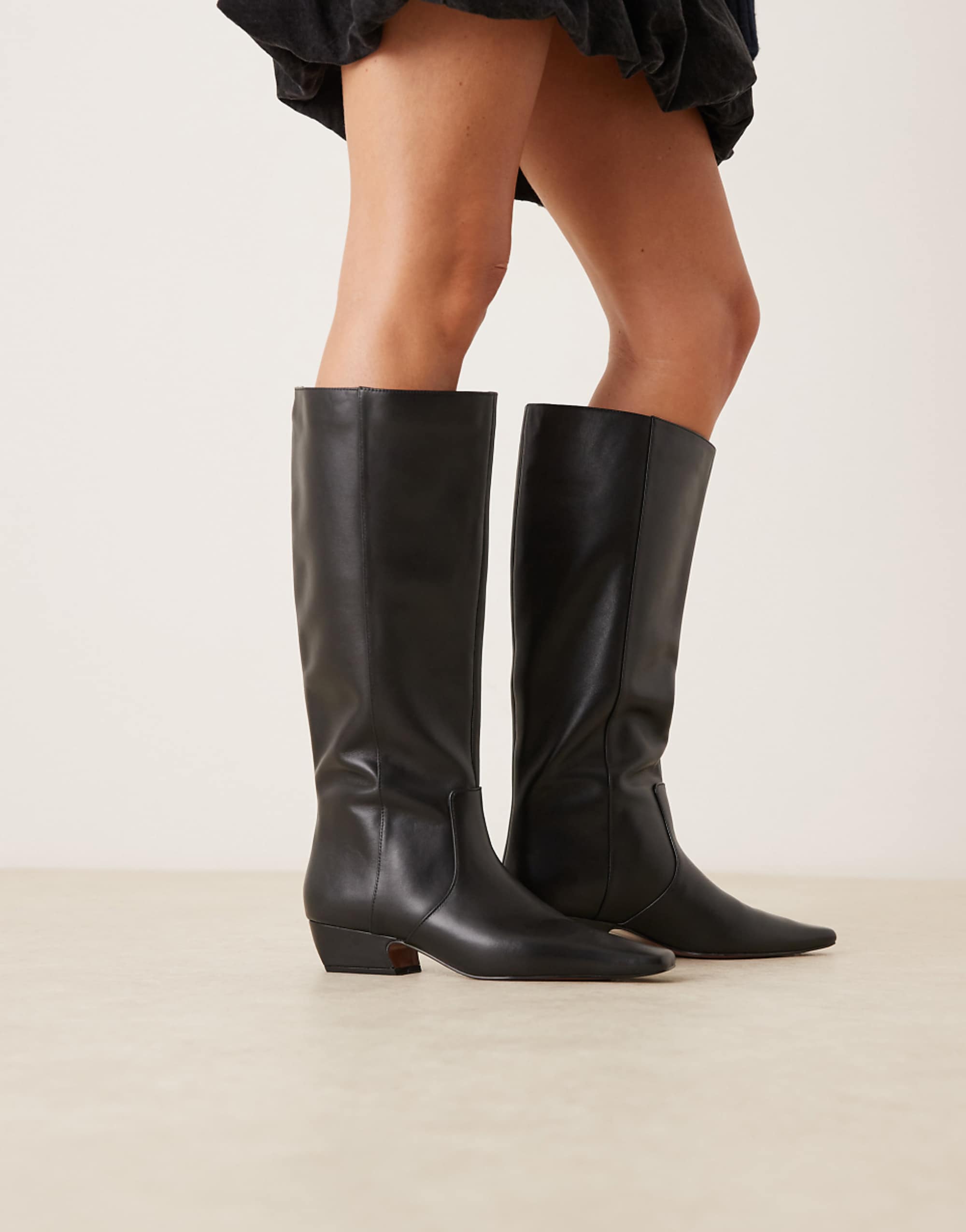 Asos Design Calais Leather Pointed Toe Flat Knee Boots in Black