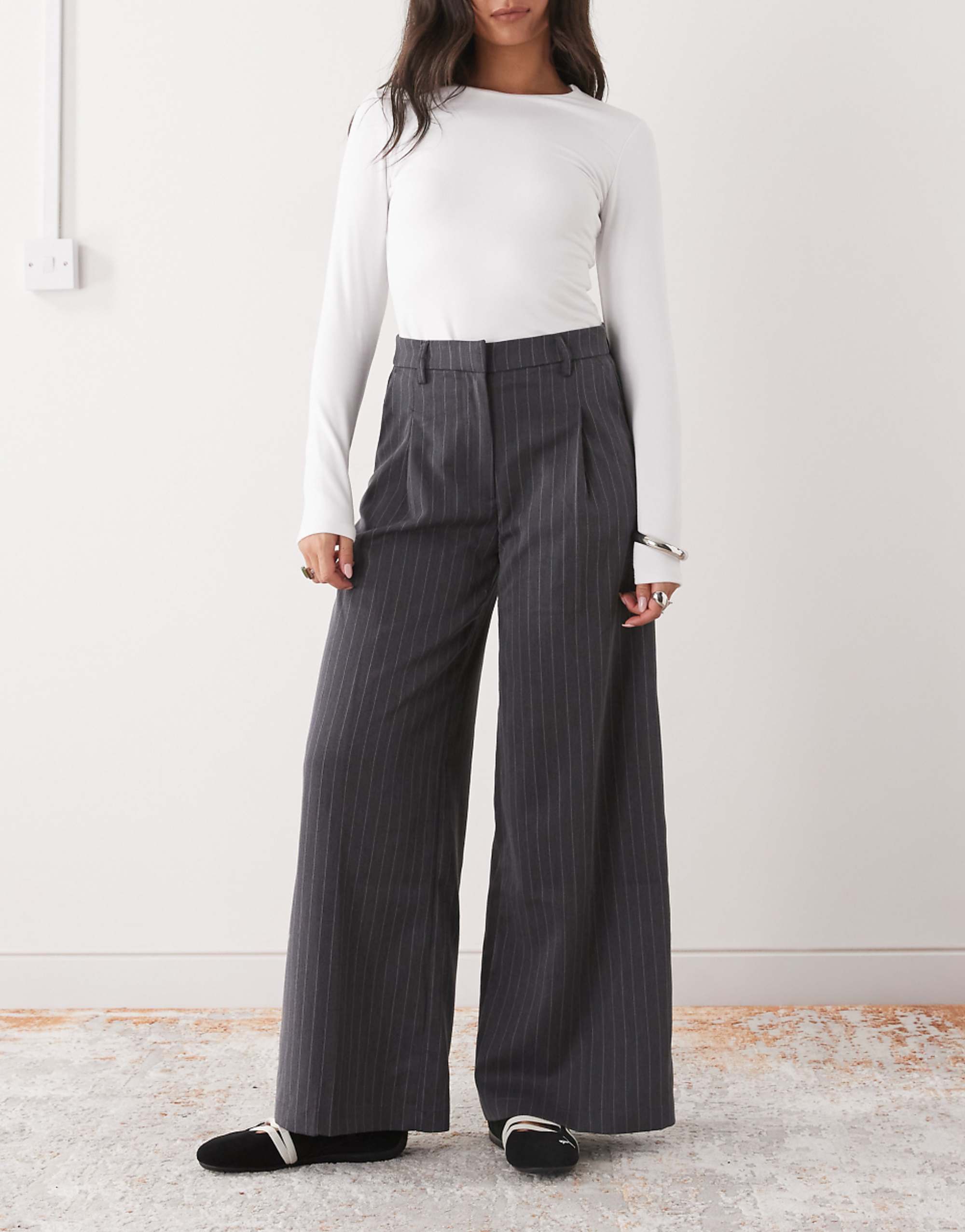 Monki High Rise Wide Leg Tailored Pants in Dark Gray Pinstripe