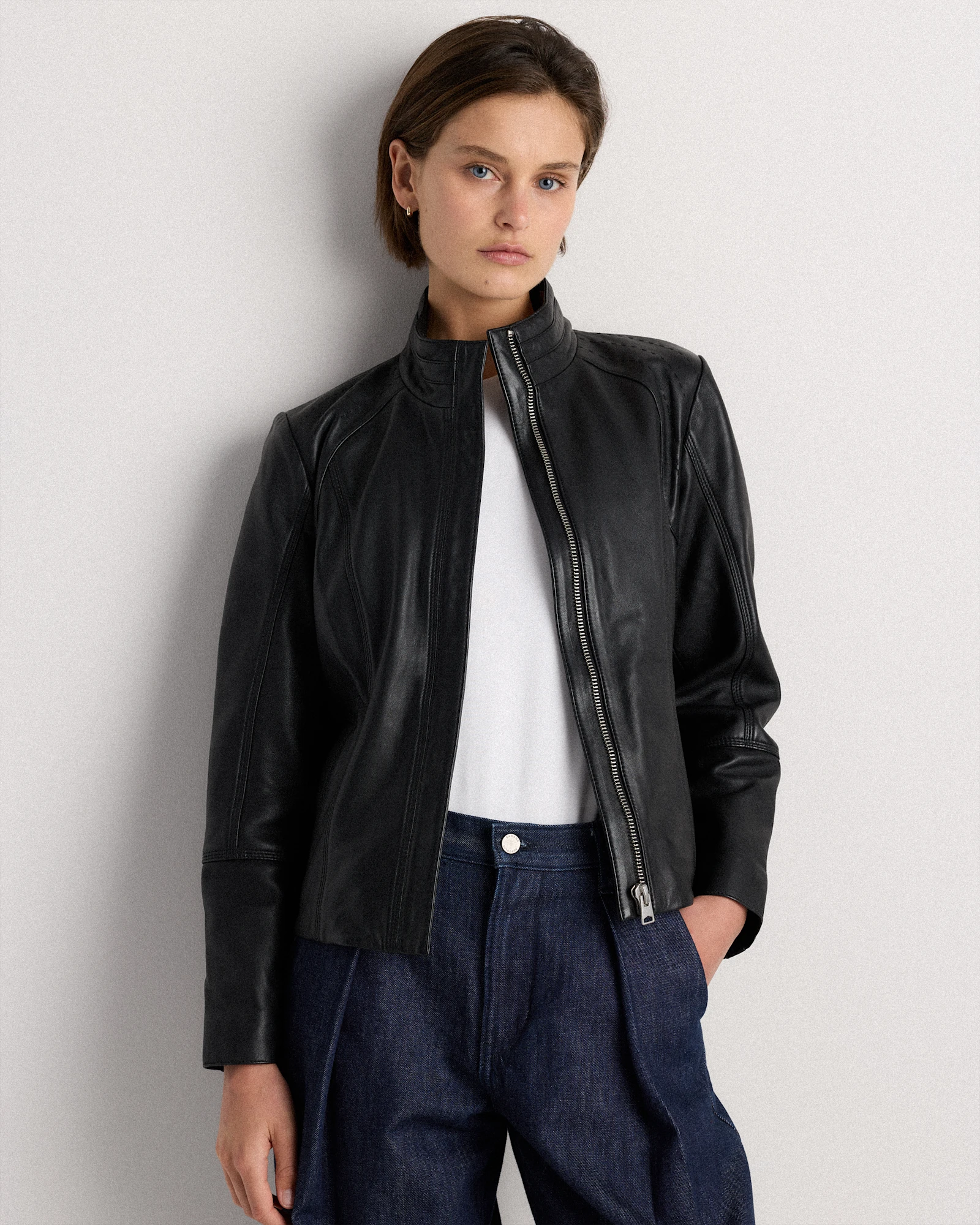 100% Leather Stand-Collar Jacket in True Black, Size Xs