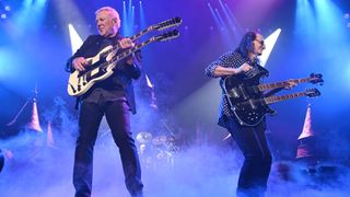 Alex Lifeson and Geddy Lee of Rush perform during the opening night of their first American tour in 11 years at The Kia Forum on June 07, 2026 in Inglewood, California.