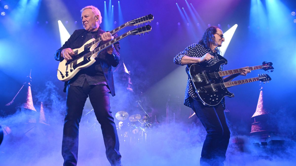Alex Lifeson and Geddy Lee of Rush perform during the opening night of their first American tour in 11 years at The Kia Forum on June 07, 2026 in Inglewood, California.