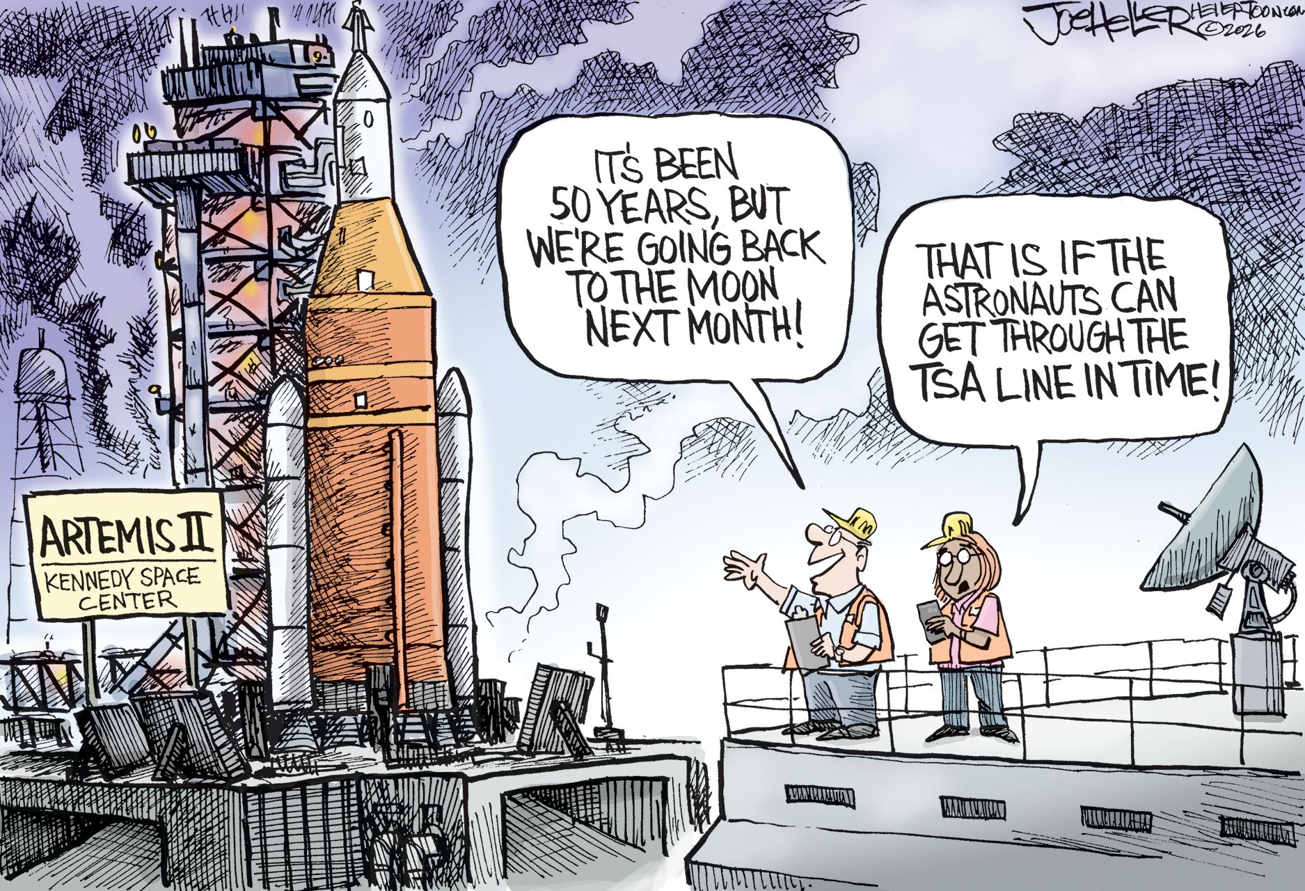 
                                A male and a female NASA worker are outside at the Kennedy Space Center looking at the Artemis II rocket looming in the distance on a launch pad. The man says, “It’s been 50 years, but we’re going back to the moon next month!” The woman responds, “That is if the astronauts can get through the TSA line in time!”
                            