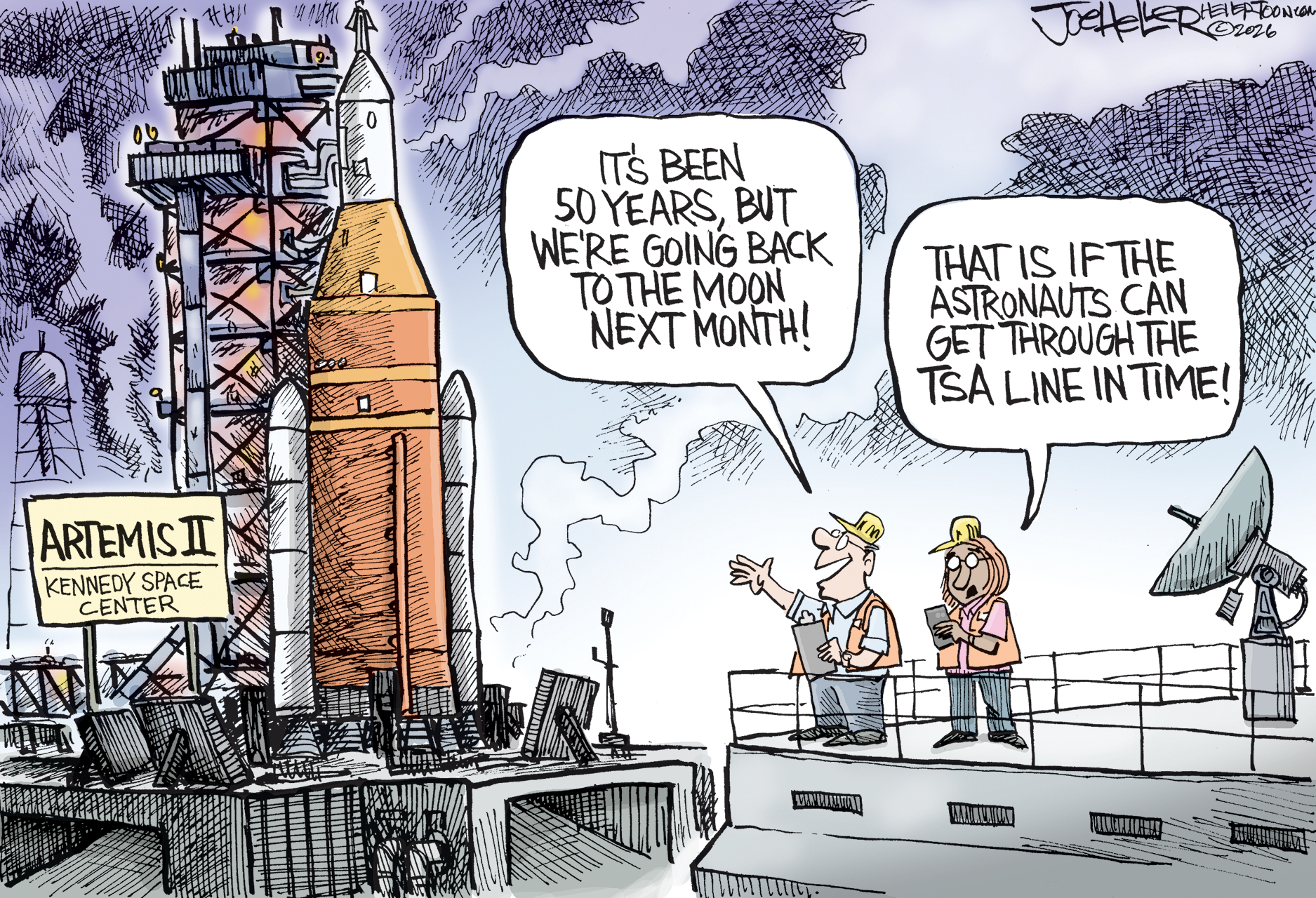 A male and a female NASA worker are outside at the Kennedy Space Center looking at the Artemis II rocket looming in the distance on a launch pad. The man says, &amp;ldquo;It&amp;rsquo;s been 50 years, but we&amp;rsquo;re going back to the moon next month!&amp;rdquo; The woman responds, &amp;ldquo;That is if the astronauts can get through the TSA line in time!&amp;rdquo;