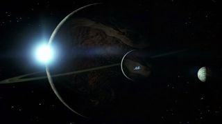 Scene from a sci-fi film showing three alien planets, one of which is partially blocking the system's star.