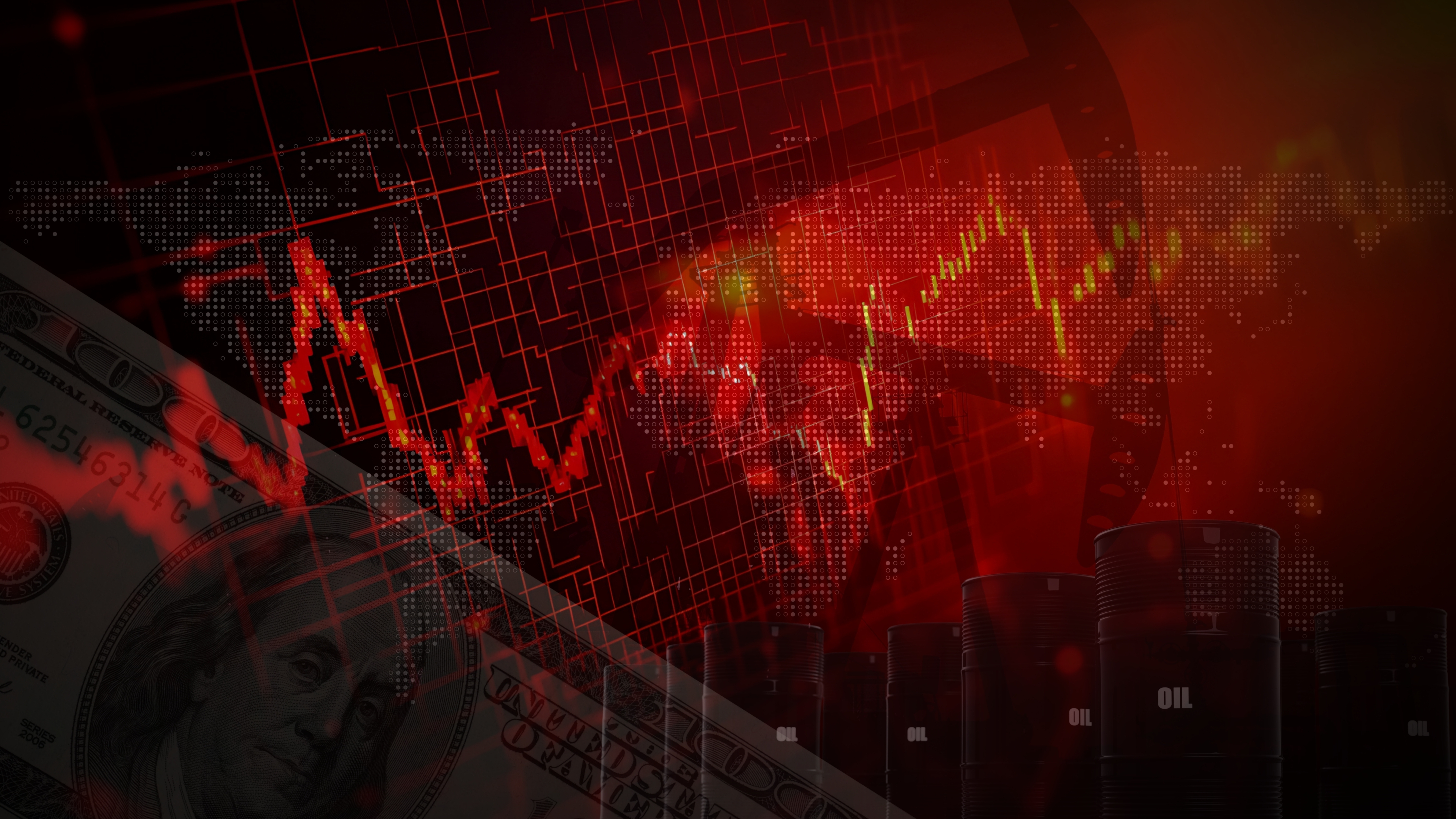 An image depicting a graph of increasing oil prices impacting financial markets and economies worldwide