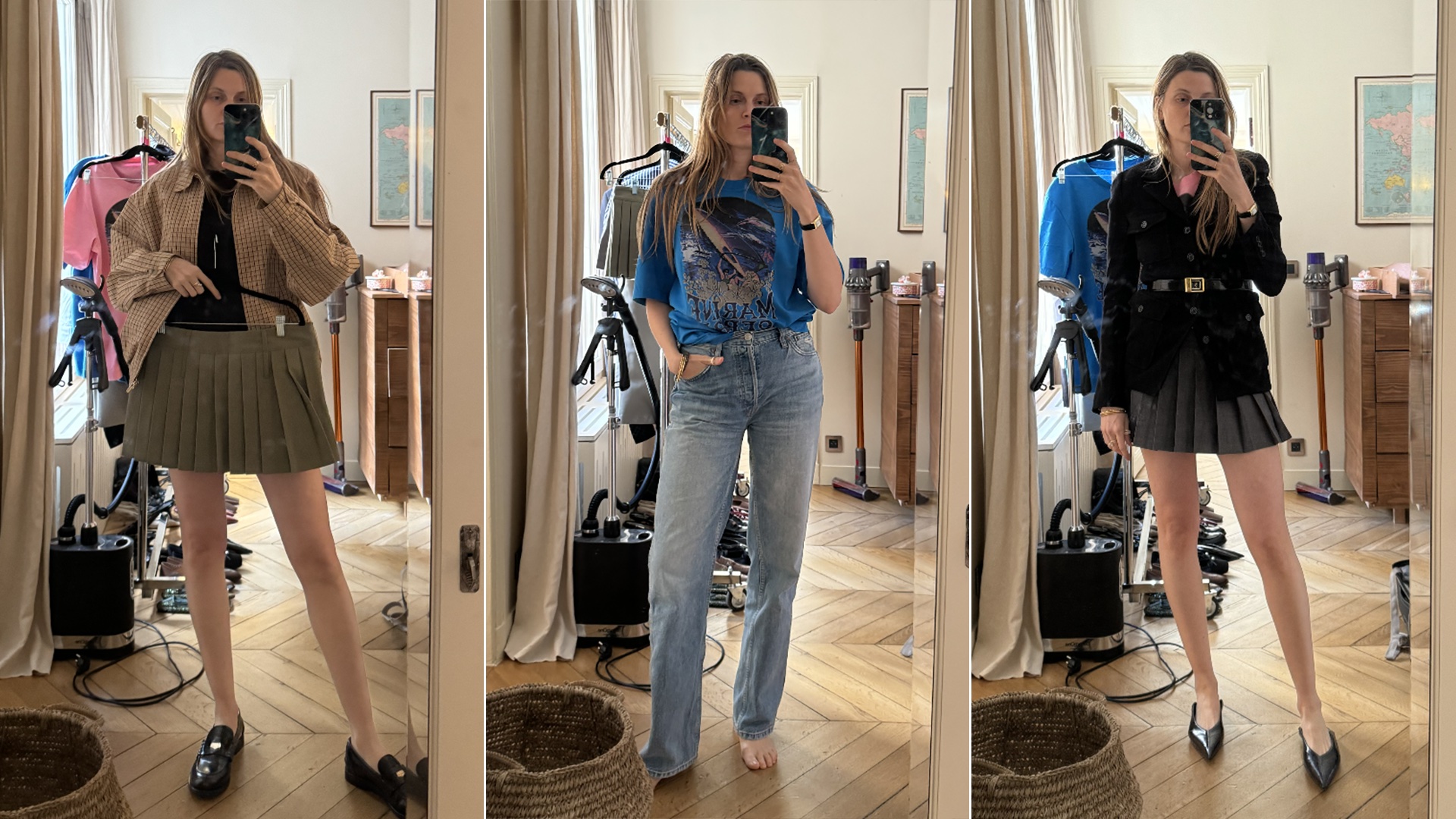 French creative and write Eugenie Trochu poses for multiple mirror selfies wearing chic outfits while decluttering her closet