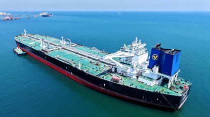 An oil tanker is seen off the shore of Qingdao, China, in 2025.
