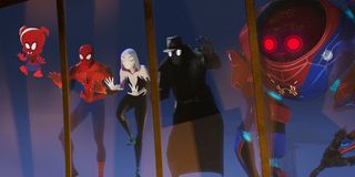 Spider-Ham, Spider-Man, Spider-Gwen, Spider-Man Noir and Peni Parker in Into the Spider-Verse