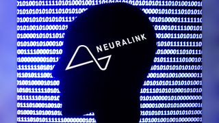 Neuralink logo displayed on a phone screen, a silhouette of a paper in shape of a human face and a binary code displayed on a screen are seen in this multiple exposure illustration photo.