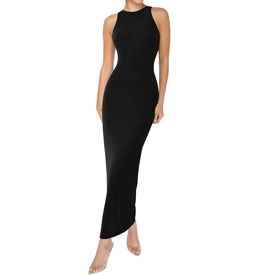 Relety Women's Bodycon Maxi Dresses Ribbed Lounge Tank Long Dresses Elegant Halter Neck Casual Sleeveless Summer Dresses Black S