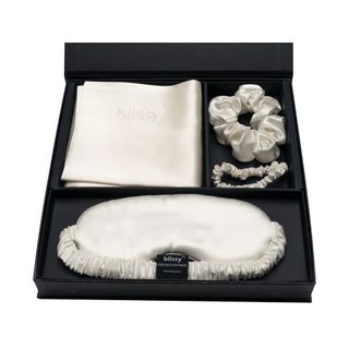 Blissy silk sleep accessories set in white