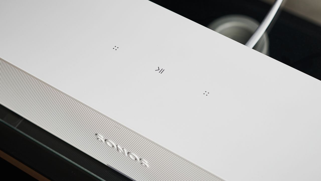 Sonos Ray on glass shelf in living room