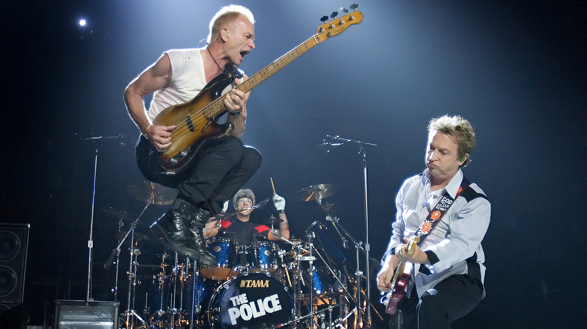 Lead singer Sting (L), lead guitarist Andy Summers (R) and drummer Stewart Copeland (C) of the band The Police perform onstage to open their world tour at General Motors Place May 28, 2007 in Vancouver, Canada. 