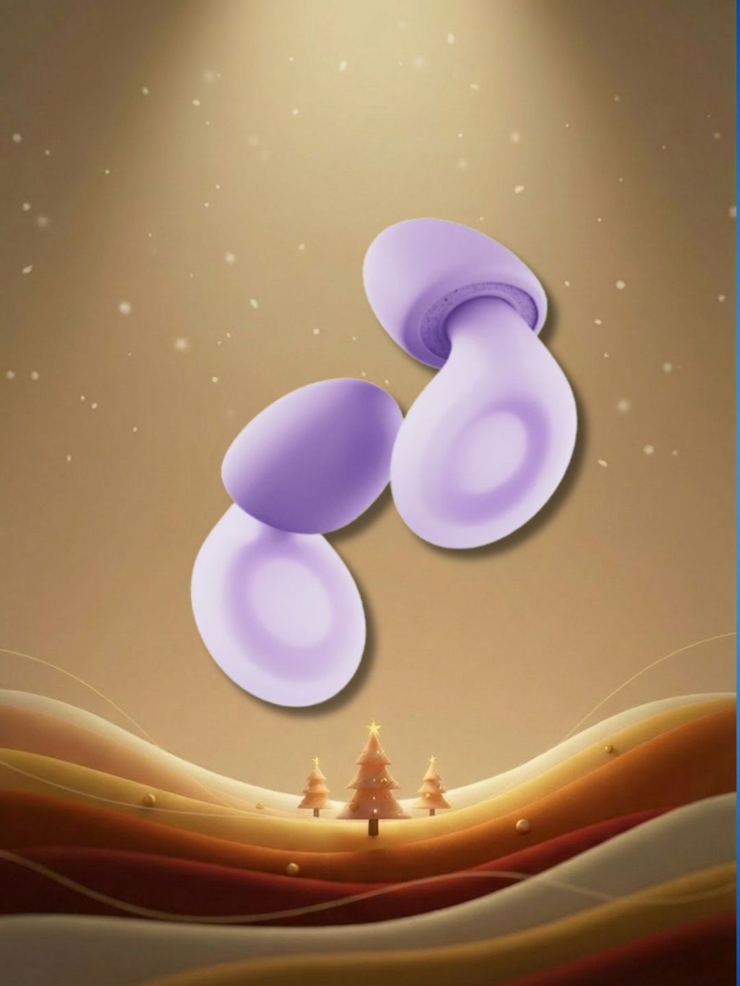 Purple Loop Dream earplugs on brown graphic background with gradient waves at bottom, three mini Christmas tress and stars