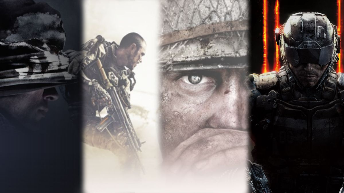 Title cards for Call of Duty: Ghosts, Advanced Warfare, WWII, and Black Ops III.