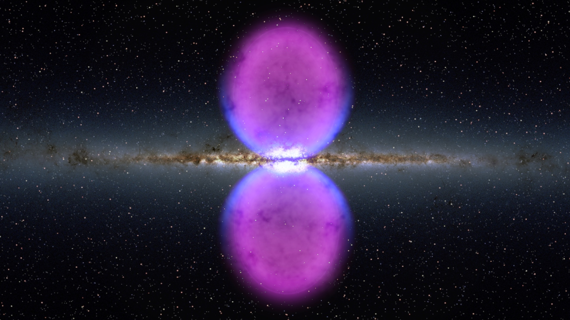 a symmetrically-mirrored image of two purple glowing orbs in starry outer space