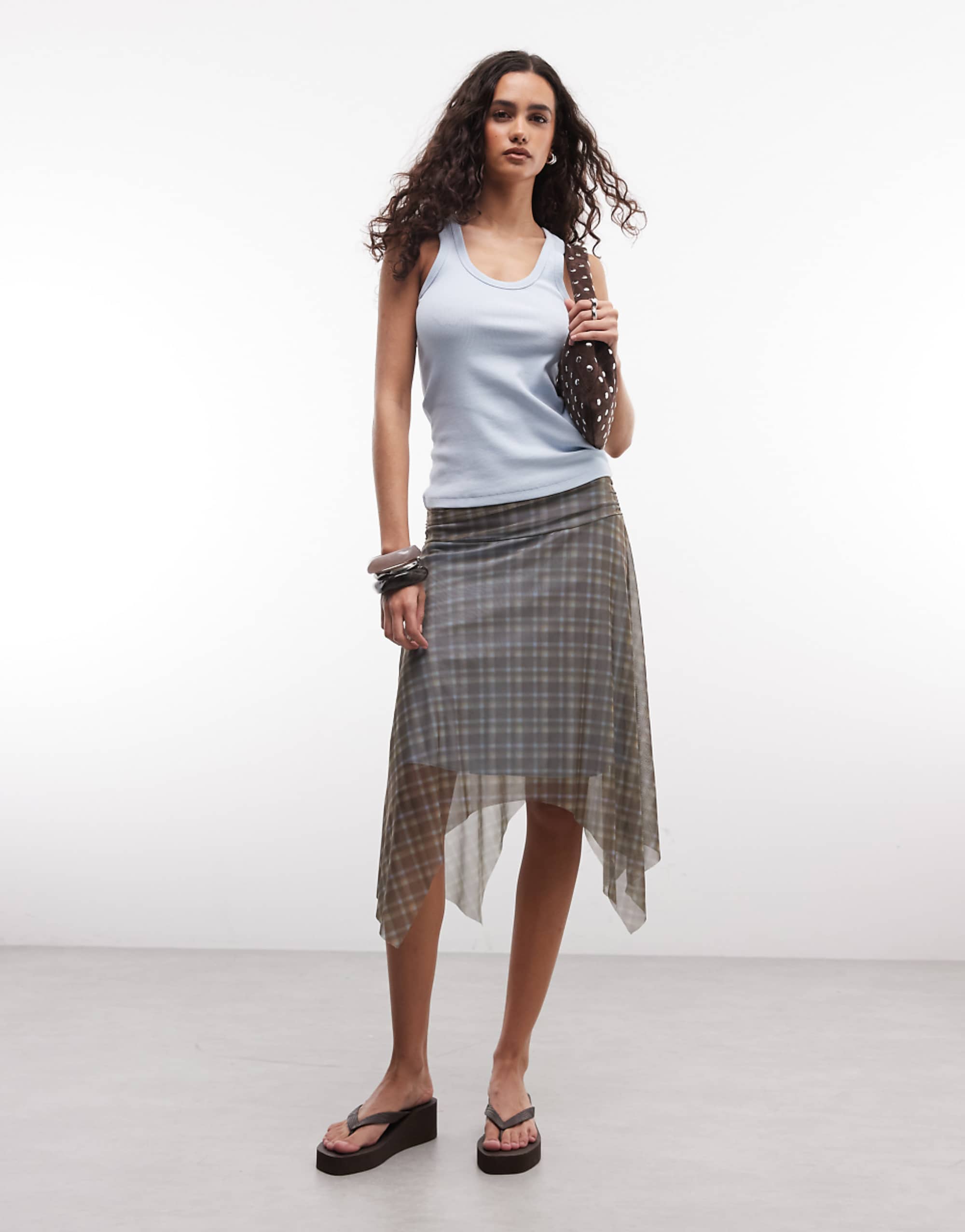 Reclaimed Vintage Sheer Check Asymmetric Midi Skirt in Khaki Co-Ord