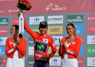 Movistar's Colombian cyclist Nairo Quintana celebrates on the podium after another day in the red jersey during the 17th stage of the 71st edition of 'La Vuelta'