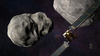 Artist's illustration of DART spacecraft approaching two asteroids. 