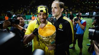 Pierre-Emerick Aubameyang and Thomas Tuchel celebrate with the trophy after winning the 2016/17 DFB-Pokal (German cup) with Borussia Dortmund