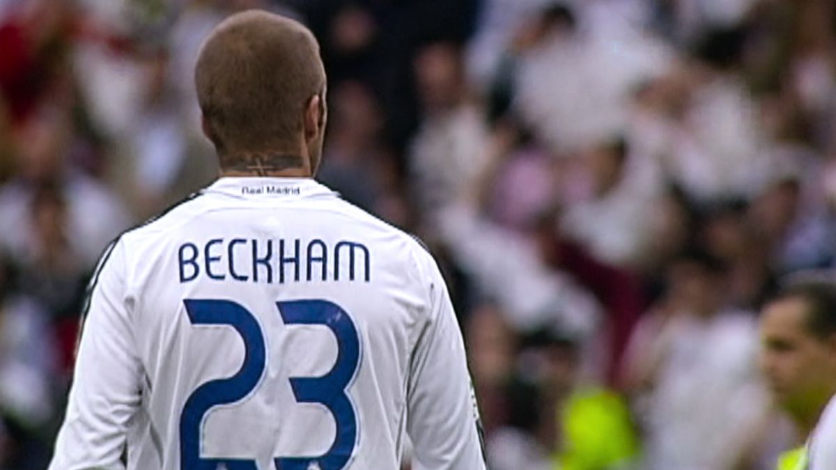 A shot of David Beckham from behind on the football pitch with the number 23 displayed, from the Netflix docuseries, Beckham