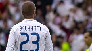 A shot of David Beckham from behind on the football pitch with the number 23 displayed, from the Netflix docuseries, Beckham