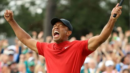 Tiger Woods celebrates after winning the 2019 Masters at Augusta National Golf Club