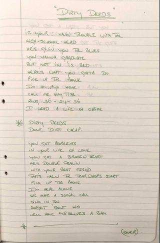 Handwritten lyrics to Dirty Deeds Done Dirt Cheap