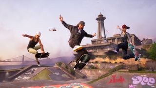 Tony Hawk's Pro Skater 3+4 screenshot showing three skaters performing tricks in mid-air