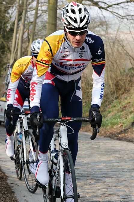 Former Belgian champion Jurgen Roelandts leads his Lotto teammates up the Koppenberg
