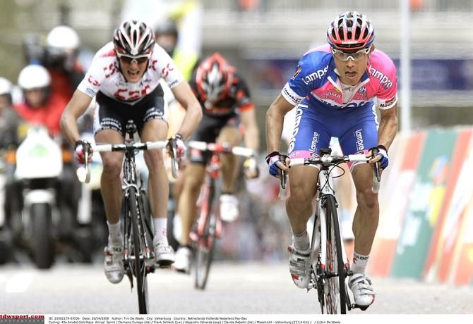 Italy's Damiano Cunego out-sprints Luxembourg's Frank Schleck to the line to win Amstel Gold in 2008