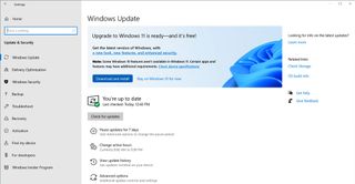 Windows Update screen showing Windows 11 being ready to download and install.
