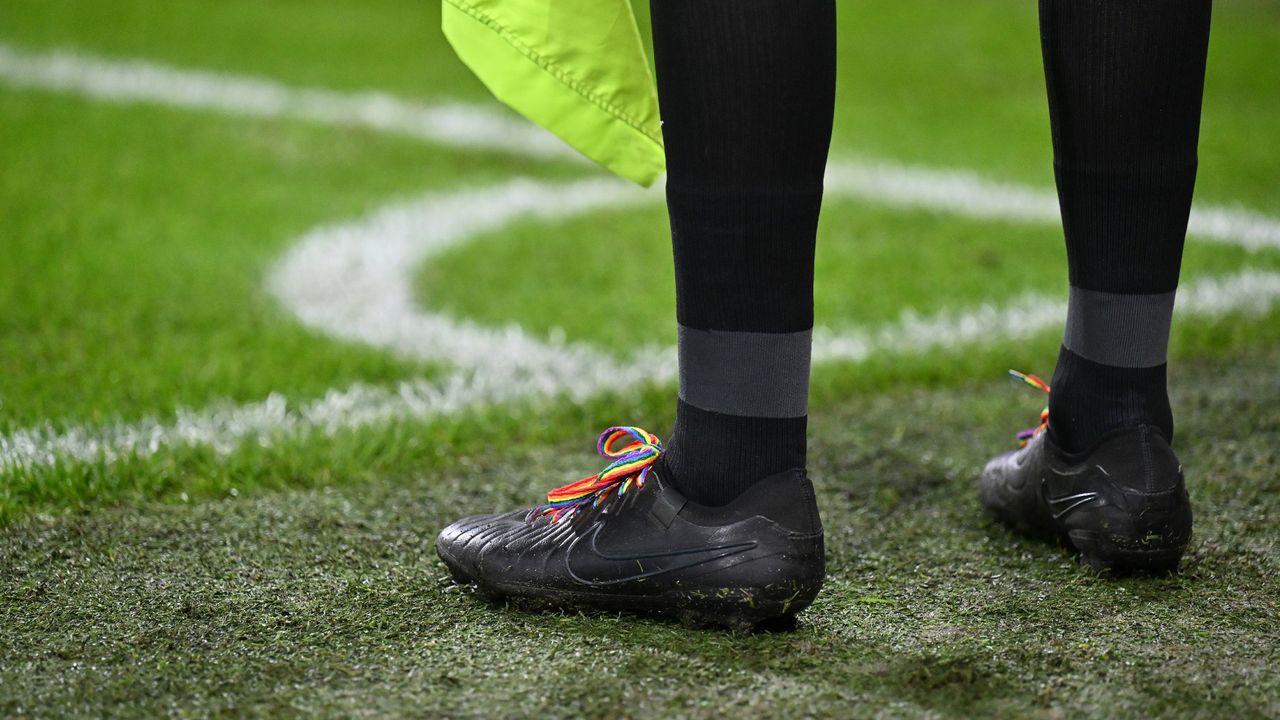 Close-up on rainbow laces worn by an assistant referee during last week&#039;s Premier League match between Bournemouth and Tottenham Hotspur