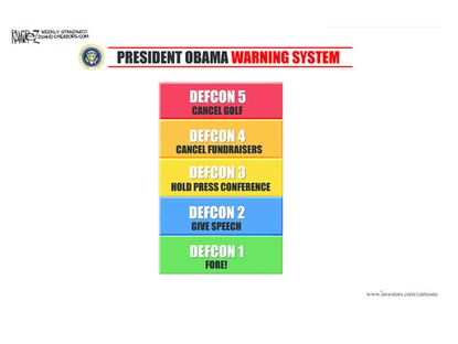 Obama cartoon warning system fundraiser press conference