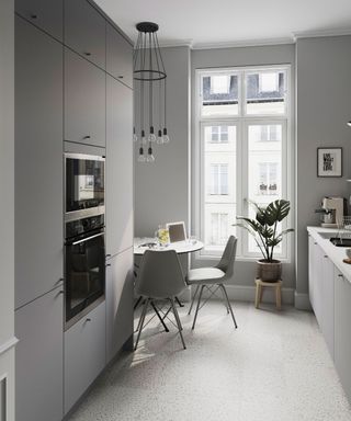 Galley kitchen with tall window and statement suspension pendant